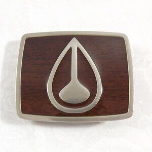 Distressed Nixon Belt Buckle, Brown Faux Wood Grain with Silver Tone Trim
